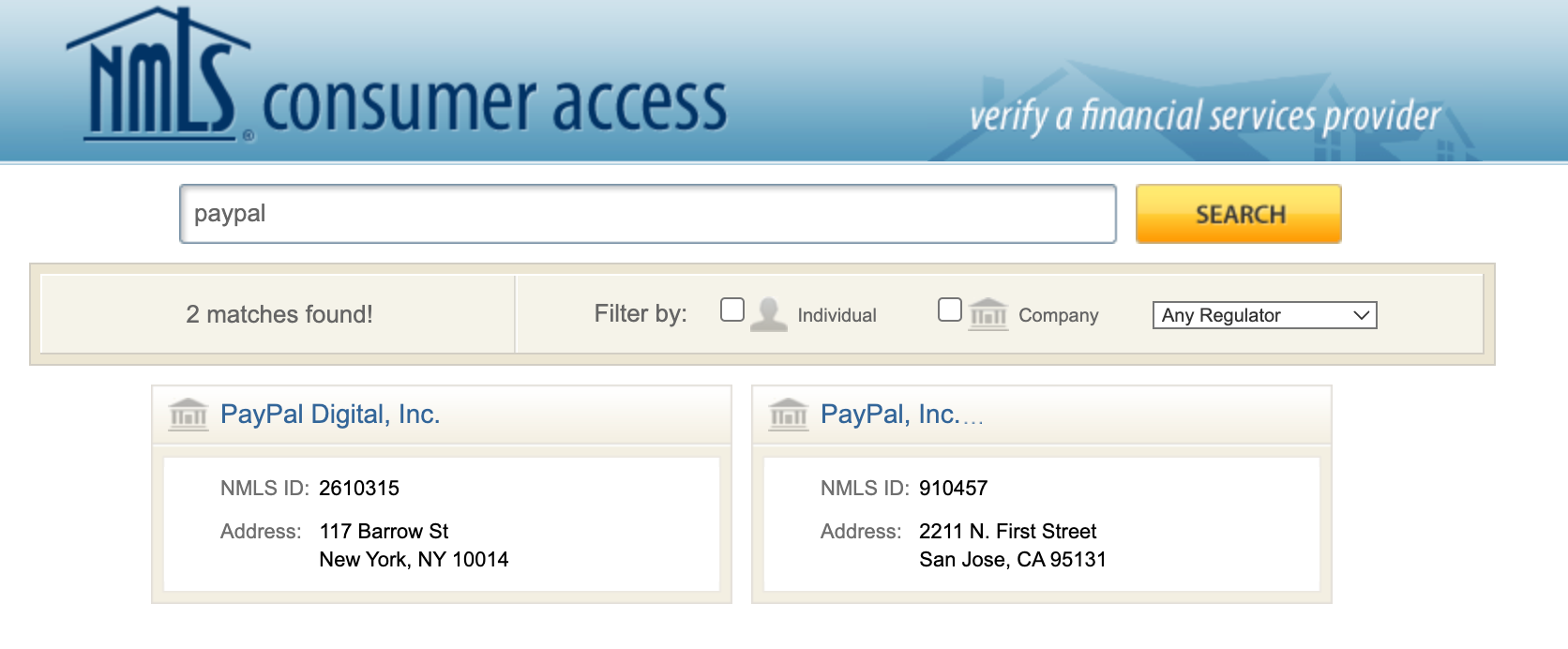 美国NMLS网站盘问Paypal牌照
