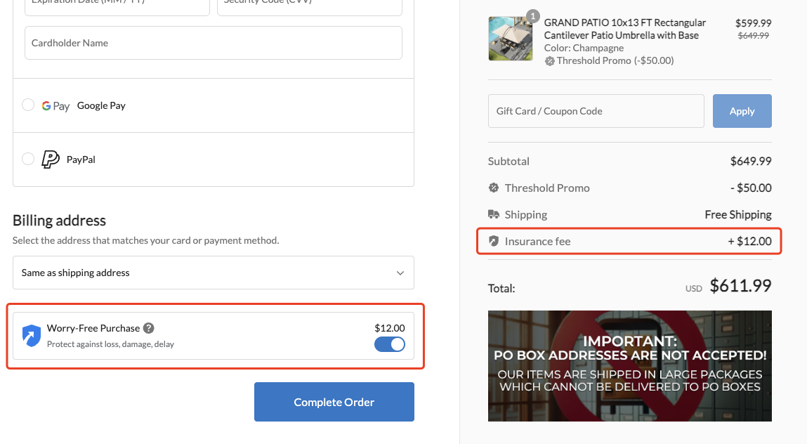 结账页尾部运输包管服务