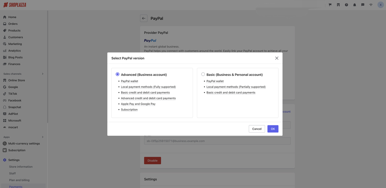 绑定Paypal账号的界面，，，，，，，左边是Advanced，，，，，，，右边是Basic。。。。。。Advanced除了支持Basic的3种支付方法，，，，，，，还特殊支持另外3种支付方法：高级信用卡和借记卡支付，，，，，，，Apple Pay和Google Pay，，，，，，，订阅
